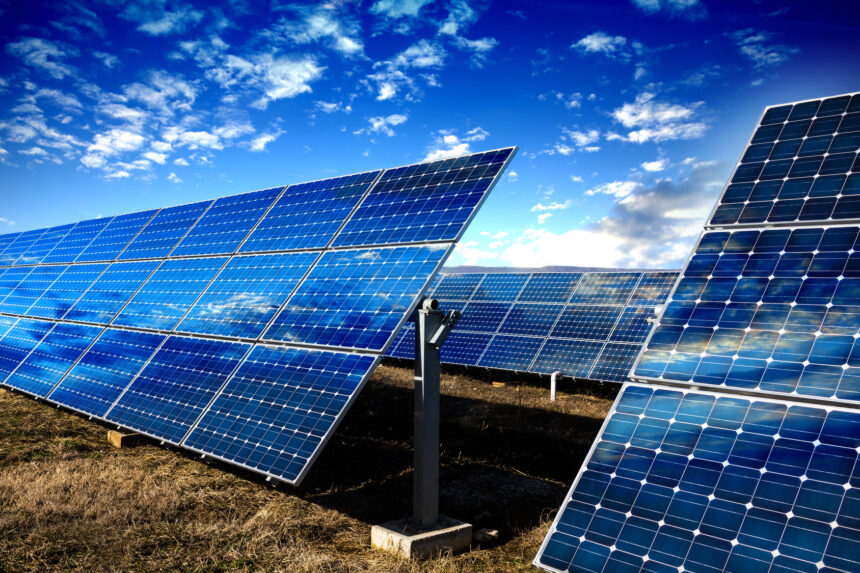 Solar panels and cloudy sky.